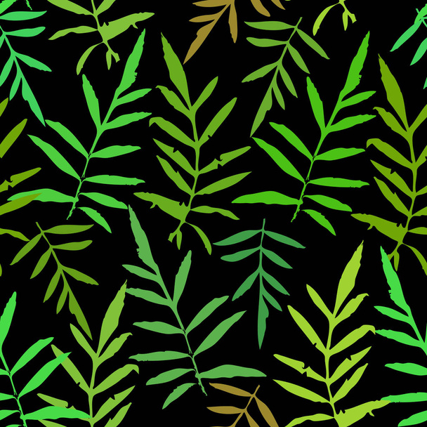Seamless pattern with leafs tropical fern palm for fashion textile or web background. Green silhouette on black background. Vector illustration - Vettoriali, immagini