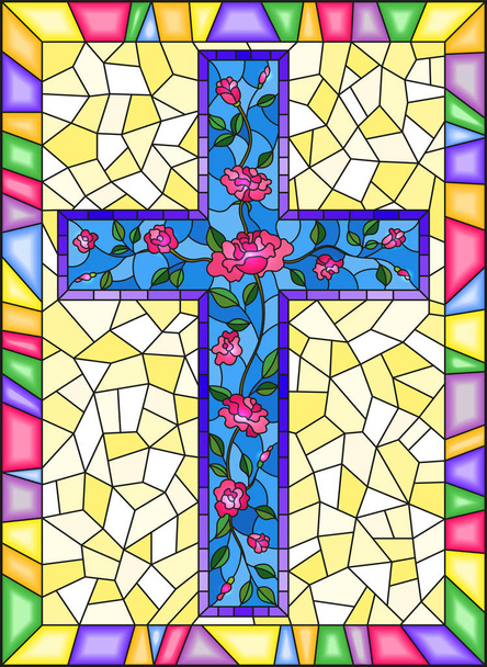 Illustration en style vitrail avec croix chrétienne décorée de roses roses sur fond bleu dans un cadre lumineux
 - Vecteur, image