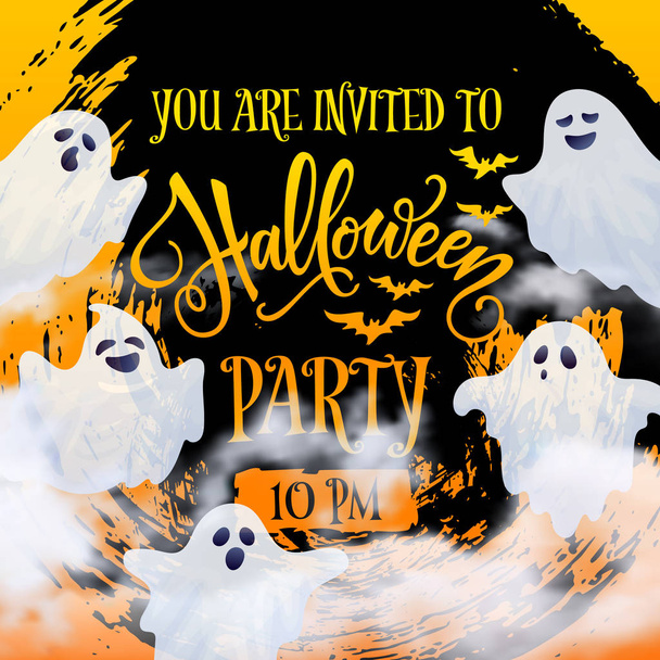 Diseño de banner de invitación de fiesta de Halloween. Estás invitado a enviar un mensaje. Nubes espeluznantes realistas y personajes fantasmas
. - Vector, Imagen