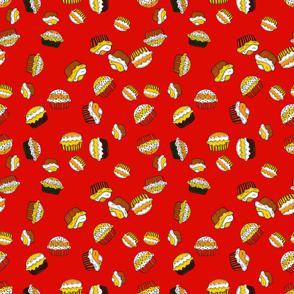 For food poster design on red, white and yellow. Vector illustration. Wrapping paper. Seamless with cupcakes. - Vector, Image