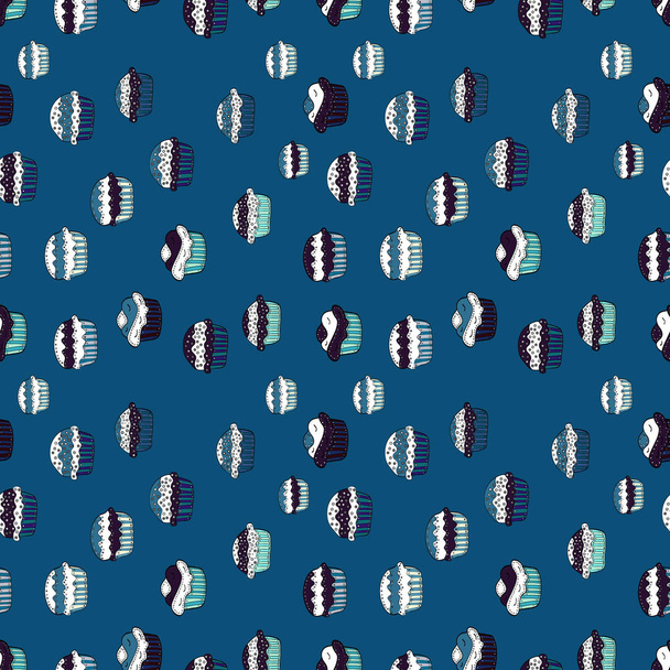 Sweets background design. Vector illustration. Cute birthday background on blue, white, brown, black and gray. Cupcake seamless pattern. Wrapping paper. - Vector, Image