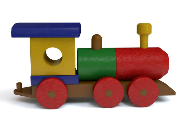 3D απεικόνιση του ξύλινο παιχνίδι τρένο. Παιχνίδι από ξύλινα στοιχεία, σχεδιαστής μεταφορών, η ιδέα της παιδικής ηλικίας, δώρων, την ανάπτυξη. Εικόνα σε άσπρο φόντο, απομονωμένο. - Φωτογραφία, εικόνα