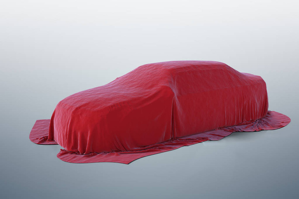 Nové auto zakryto červenou látkou. 3D tavené ilustrace. - Fotografie, Obrázek