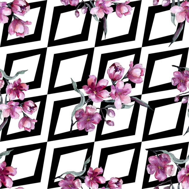 ピンクの花の水彩画の花束。花植物の花。シームレスな背景パターン. - 写真・画像