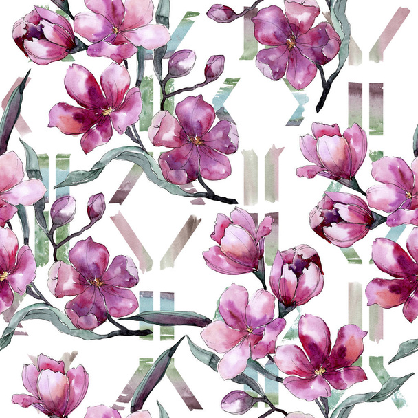 ピンクの花の水彩画の花束。花植物の花。シームレスな背景パターン. - 写真・画像