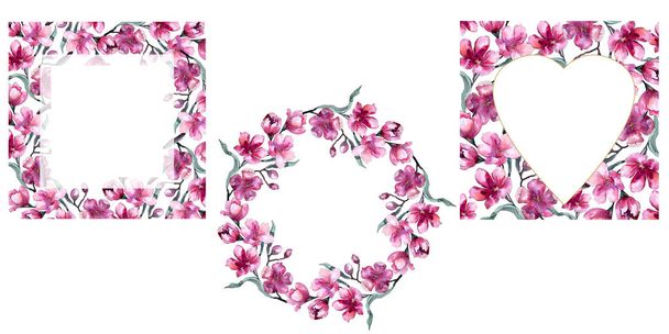 Buquê aquarela de flor rosa. Floral flor botânica. Quadro borda ornamento quadrado
. - Foto, Imagem