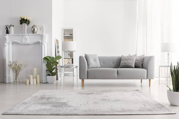 Plants and carpet in white living room interior with candles next to grey couch. Real photo - Valokuva, kuva