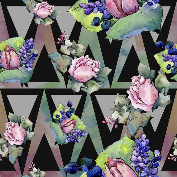 Watercolor colorful bouquet of mix flowers. Floral botanical flower. Seamless background pattern. - Fotografie, Obrázek