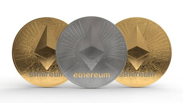 3D ілюстрація Ethereum золоті і срібні монети. Міжнародний cryptocurrency, ідея успіху, багатства, багатство. Ізольовані на білому тлі. - Фото, зображення