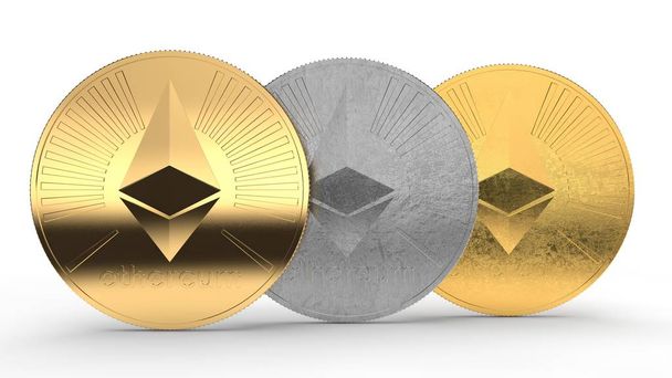 Illustrazione 3D di monete d'oro e d'argento Ethereum. criptovaluta internazionale, l'idea di successo, ricchezza, ricchezza. Isolato su sfondo bianco
. - Foto, immagini