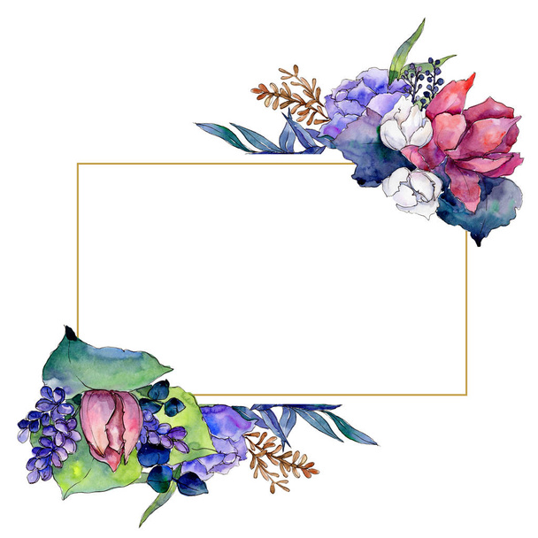 Watercolor colorful bouquet of mix flowers. Floral botanical flower. Frame border ornament square. - Foto, immagini