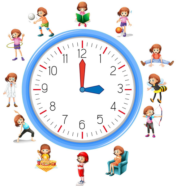 Aktywność kobiety na zegar ilustracja - Wektor, obraz