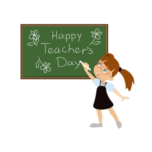 Cute School Girl Character Near Green Chalkboard Vector illustration. Hapy teachers Day. Back to School Composition Poster. Cartoon Character Isolated on White background - Vector, Image