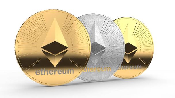 3D çizim Ethereum altın ve gümüş paralar. Uluslararası cryptocurrency, başarı, zenginlik, servet fikri. Beyaz arka plan üzerinde izole. - Fotoğraf, Görsel