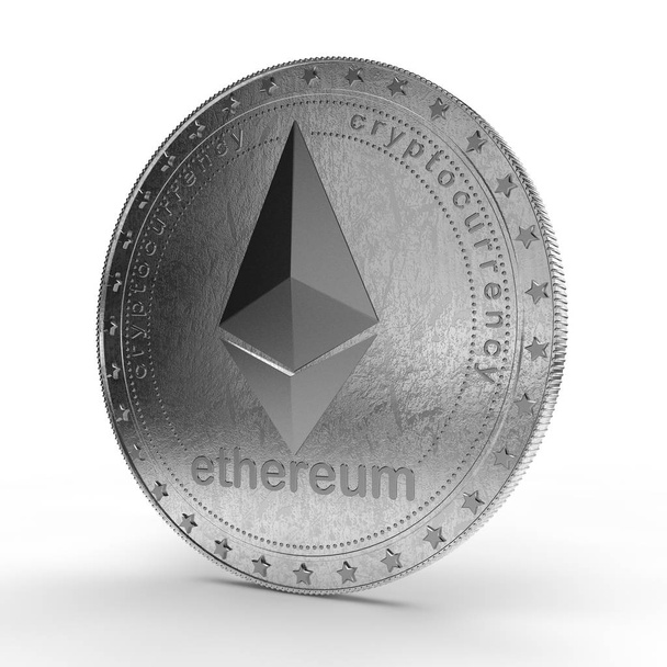 3D ілюстрація Ethereum Срібна монета з плями на поверхні. Міжнародний cryptocurrency, ідея успіху, багатства, багатство. Нові віртуальні гроші. Ізольовані на білому тлі. - Фото, зображення