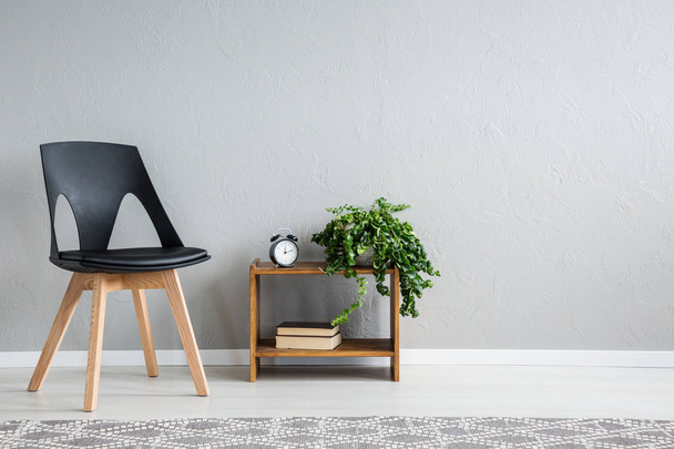 Stylish black chair next to shelf with two books, clock and green plant in pot, real photo with copy space on the wall - Photo, image