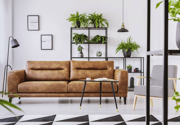 Poltrona modelada ao lado de sofá de couro marrom na sala de estar interior branco no apartamento moderno
 - Foto, Imagem