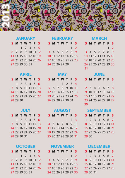 2013. kalendarz z rowerów, s deskorolka, rolki - Wektor, obraz