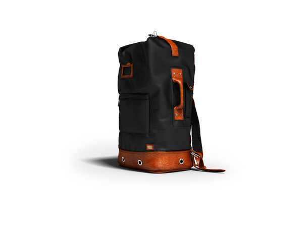 Modern black leather backpack for traveling in the mountains 3d render on white background with shadow - Photo, Image