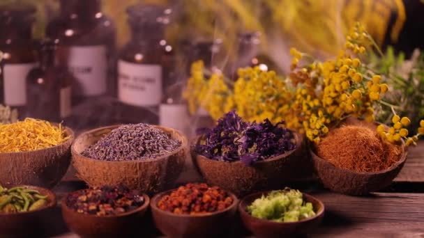 Erilaisia aromaattisia mausteita ja yrttejä keittiön pöydällä - Materiaali, video