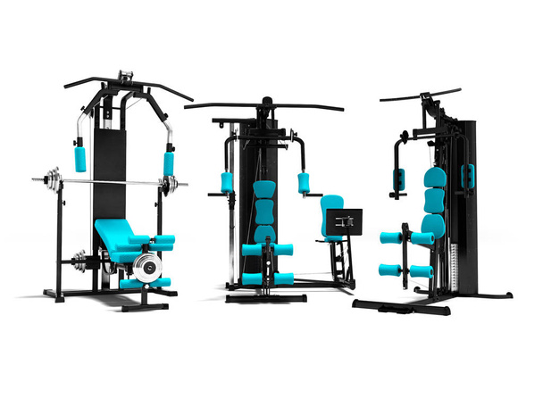 Moderno conjunto de metal poder esportes treinamento aparelho com azul stand-up 3d renderização no fundo branco com sombra
 - Foto, Imagem