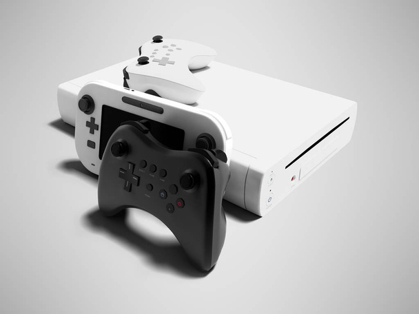 Moderni joystick bianchi con console per videogiochi e visualizzazione a destra della console di gioco portatile rendering 3d su sfondo grigio con ombra
 - Foto, immagini