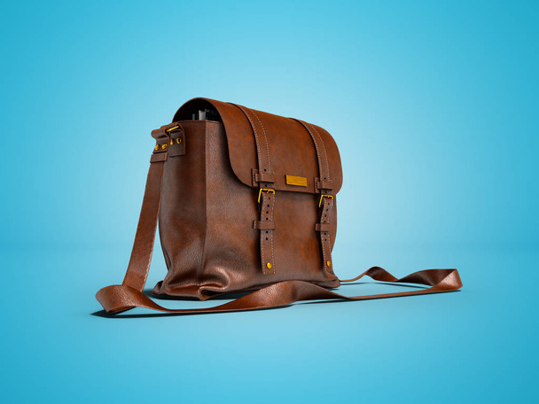 Old brown leather bag over the shoulder for documents 3d render on blue background with shadow - Photo, Image