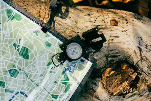 top view of compass on aged rustic tree bark with travel map - Foto, Imagem