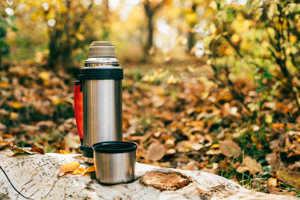 metallic camping thermos on beautiful autumnal background - Photo, Image