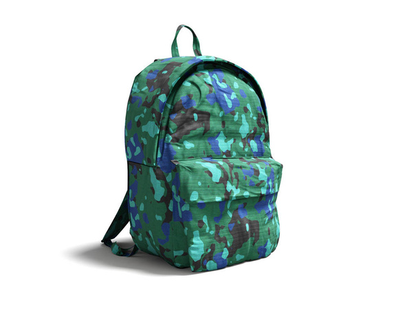 Modern military backpack in school for boy and teenager with green blue 3d render on white background with shadow - Photo, Image