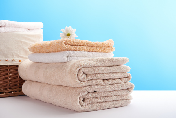 pile of clean soft towels, chamomile flower and laundry basket on blue - Photo, image