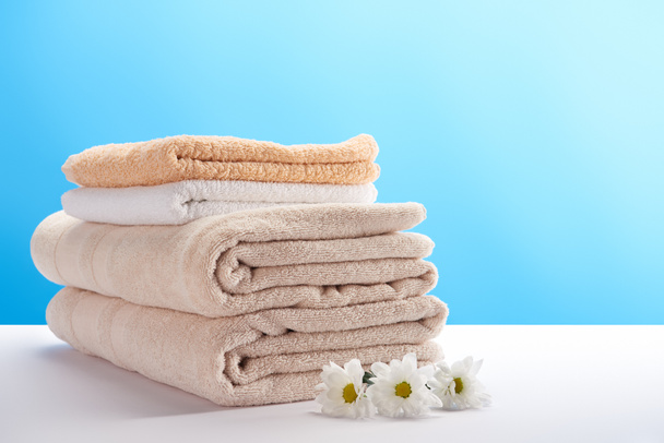 σωρός από καθαρό μαλακό πετσέτες και χαμομήλι λουλούδια σε μπλε  - Φωτογραφία, εικόνα