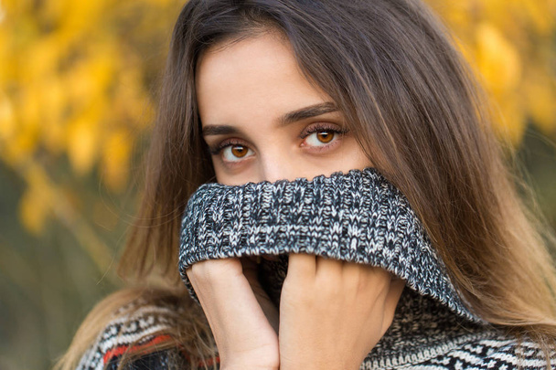 Осенний портрет девушки в этническом свитере - Фото, изображение