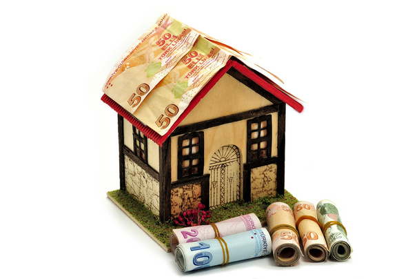 Pequena casa isolada em um fundo branco e rolos de dinheiro
 - Foto, Imagem