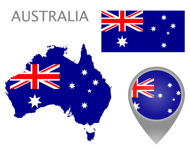 bunte Fahne, Kartenzeiger und Karte von Australien in den Farben der australischen Flagge. hohe Detailgenauigkeit. Vektorillustration - Vektor, Bild