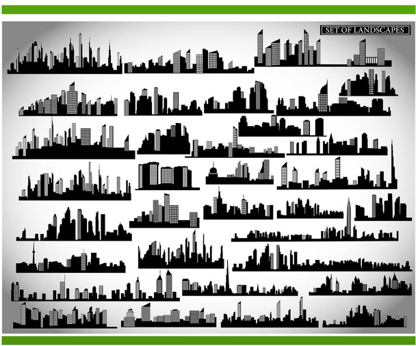 Set of cityscape silhouettes on a light gray background - Vector, Image