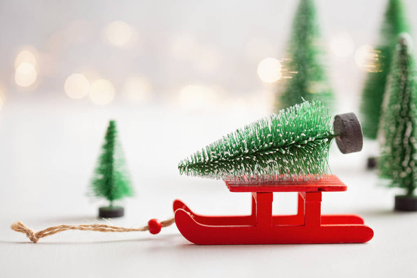 Christmas background with miniature toys, seasonal Christmas, new year and winter decorations  - Photo, Image