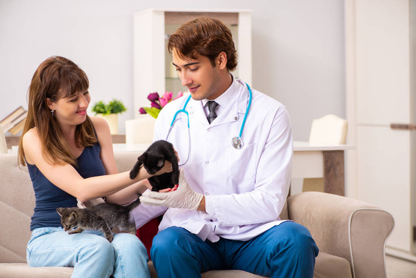Lekarz weterynarii odwiedza chore kociaki w domu - Zdjęcie, obraz