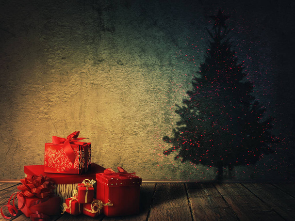 Weihnachtsstimmung als Stapel von Geschenken und Geschenken Verwandlung wirft einen Weihnachtsbaum Schatten auf die Wand. - Foto, Bild