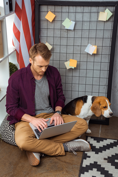 high angle view of male freelancer working on laptop while beagle sitting near usa flag in home office  - 写真・画像