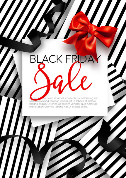 Black friday sale and offers, bow and ribbons decoration vector. Super clearance, shops promotion, price reduction and discounts on special autumnal holiday. Coupons to shop cheaper, sellout - Vector, imagen