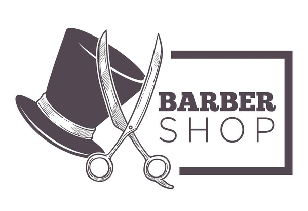 Barber shop label, isolated monochrome sketch outline service for men vector. Cutting beard and hair, hairdos for gentleman, scissors and award of best hairdressers place. Vintage style of logotype - Vektör, Görsel