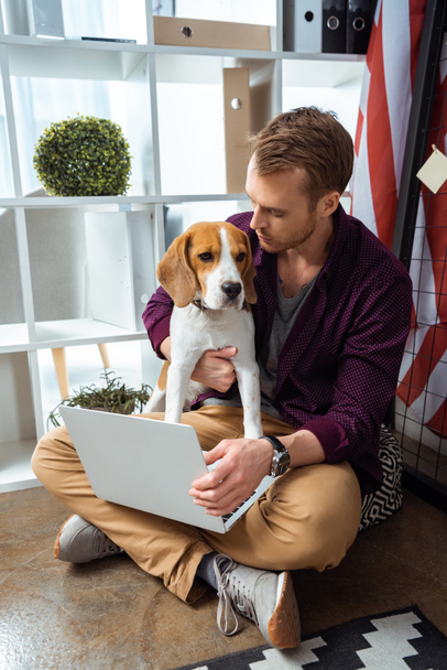freelancer masculino con portátil sosteniendo beagle cerca de la bandera de EE.UU. en la oficina en casa
  - Foto, imagen