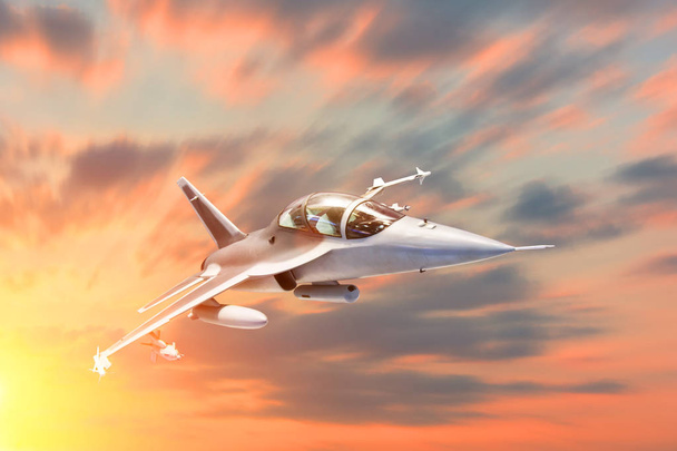Manovra di velocità militare del jet da combattimento nella base aerea di volo al tramonto
 - Foto, immagini
