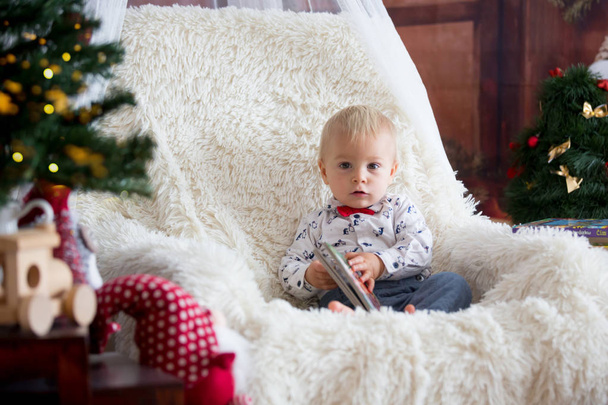 Cute boy reading book sitting on the chair under the christmas tree at home - Foto, imagen