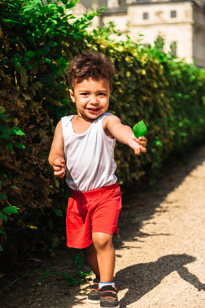 Χαριτωμένο μικρό αγόρι Αφροαμερικανός ή Λατινικής Αμερικής με φύλλο στο χέρι - Φωτογραφία, εικόνα