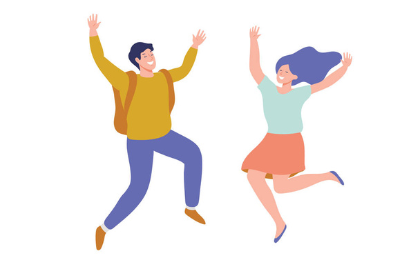 Group of young happy laughing people jumping with raised hands. Friendship. Vector flat cartoon illustration isolated on white background. - Vector, Image