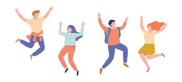Groupe de jeunes gens heureux riant sautant avec les mains levées. L'amitié. Illustration vectorielle de dessin animé plat isolé sur fond blanc
. - Vecteur, image
