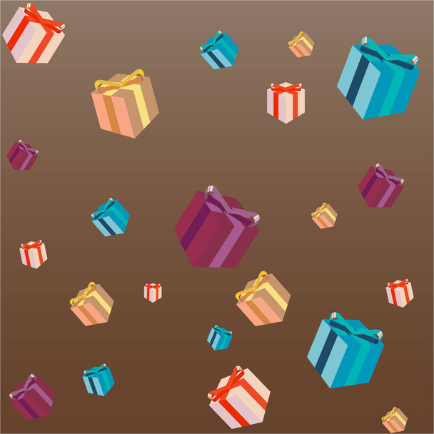 Gits boxes on brown background, colorful pattern for web and print decoration . Pink, blue, yellow holiday peresents for every body, birthday gift - Vector, afbeelding