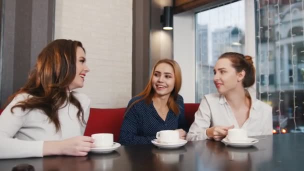 Los amigos se conocieron en el bar. Tres mujeres jóvenes hablando y riendo
 - Metraje, vídeo